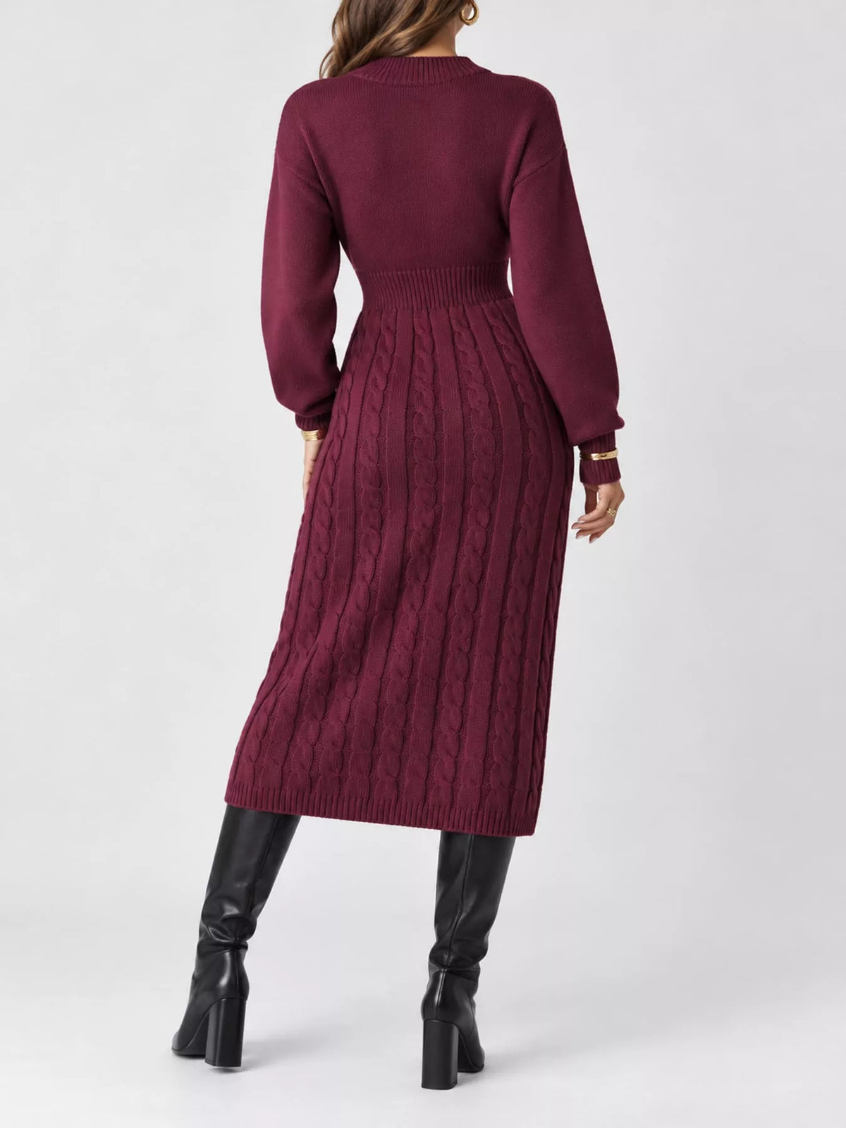 Mock Neck Cable Knit Sweater Dress with Front Slit