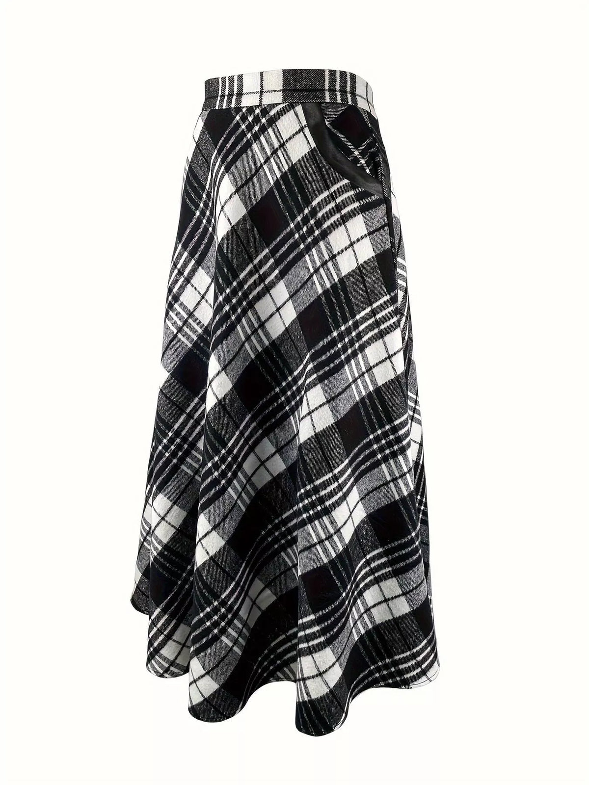 Plaid A-Line Midi Skirt with Pockets in Black
