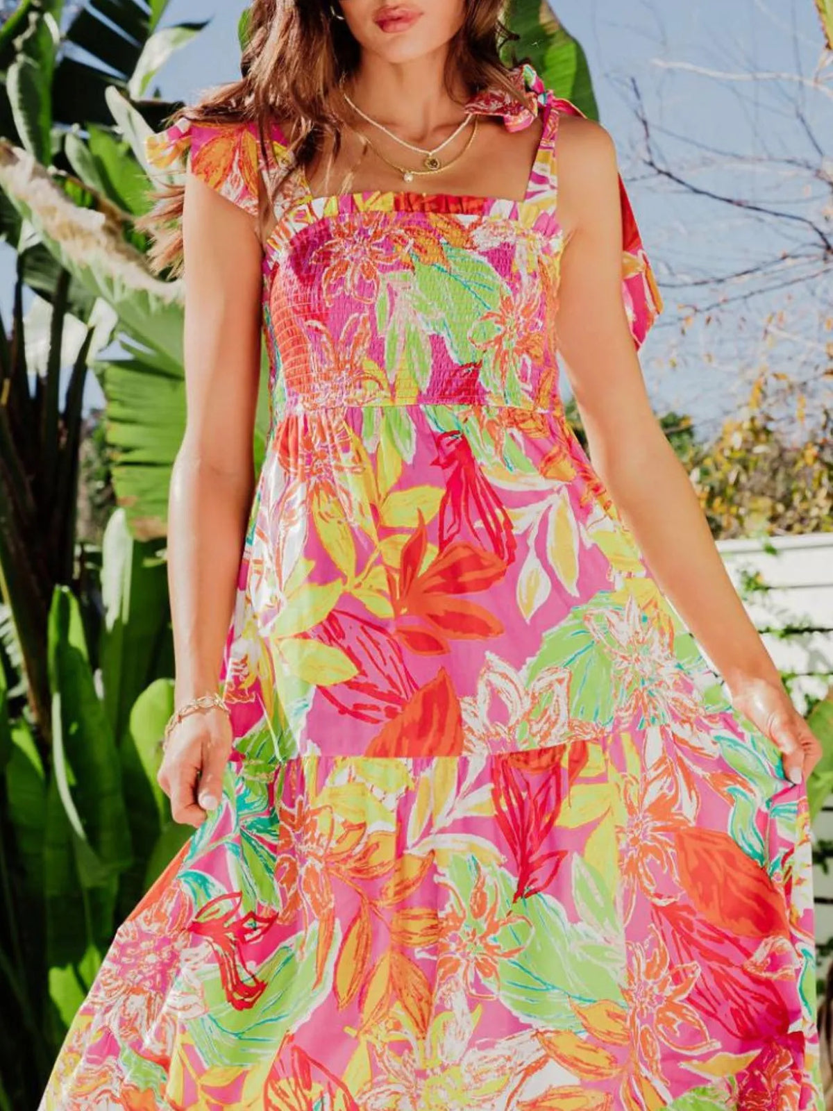 Tropical Print Tie-Shoulder Maxi Dress in Red