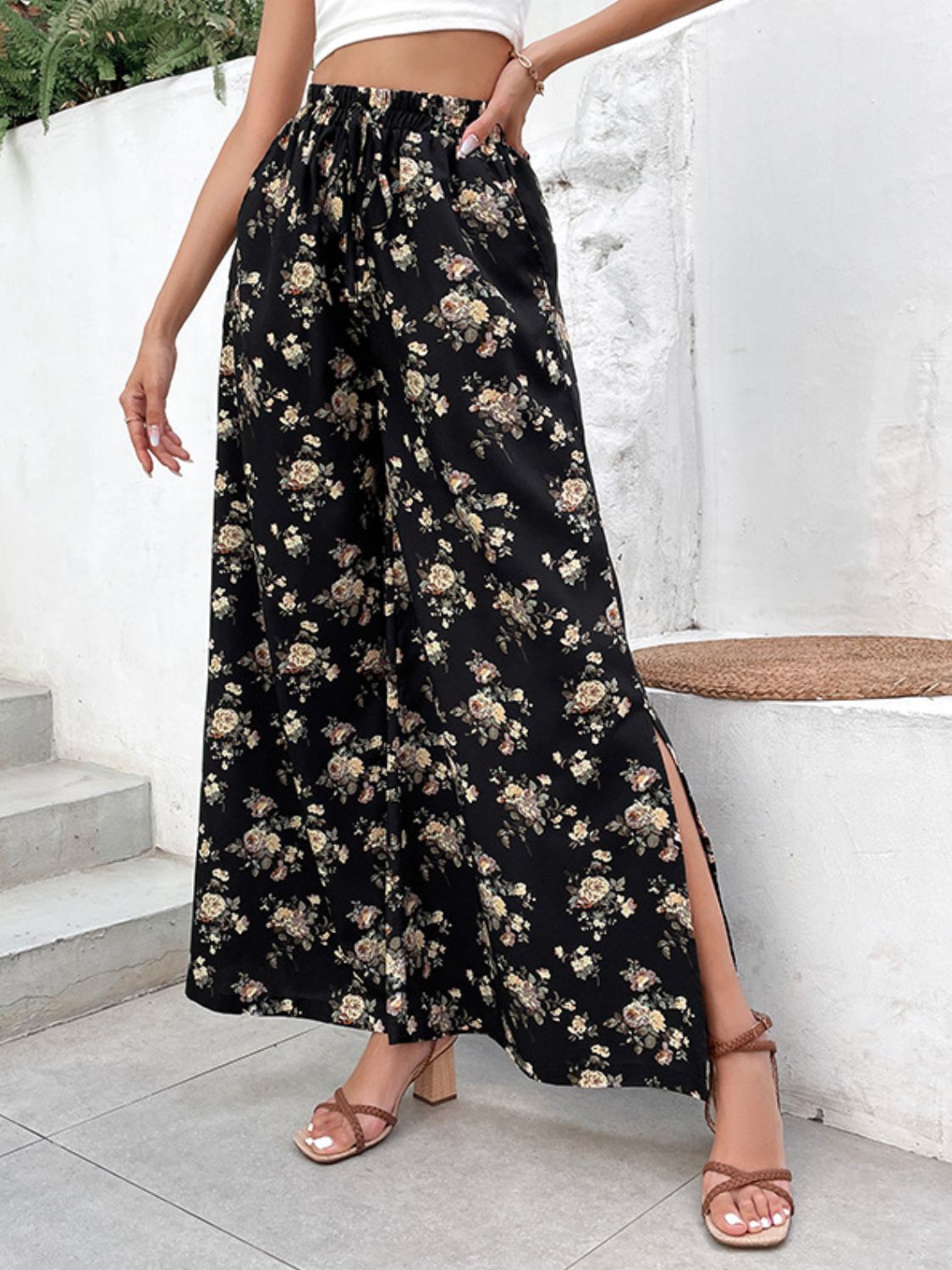 Floral Side Slit Wide Leg Pants in Black