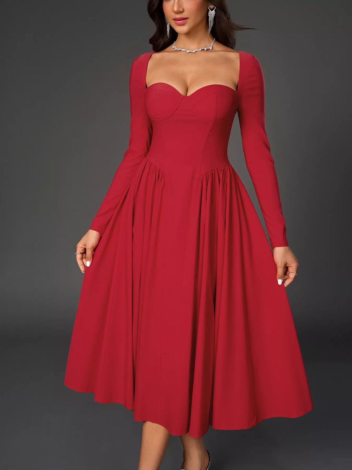 Sweetheart Neckline Long Sleeve A-Line Midi Dress