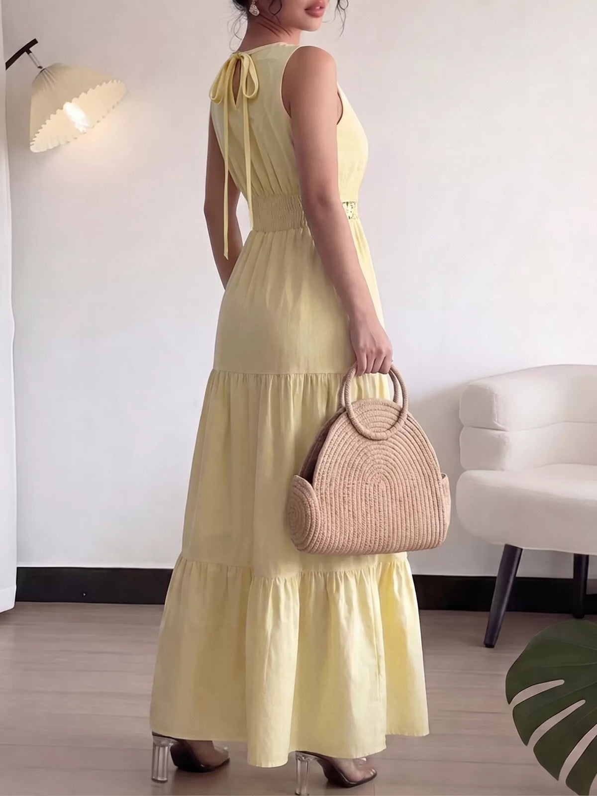 Sleeveless Tiered Lace Trim Maxi Dress in Yellow