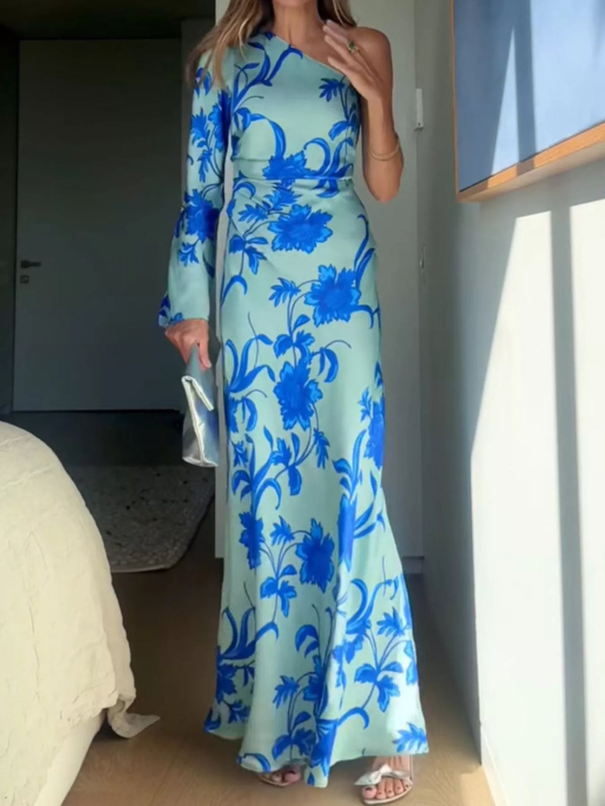 Floral One-Shoulder Maxi Dress in Sky Blue