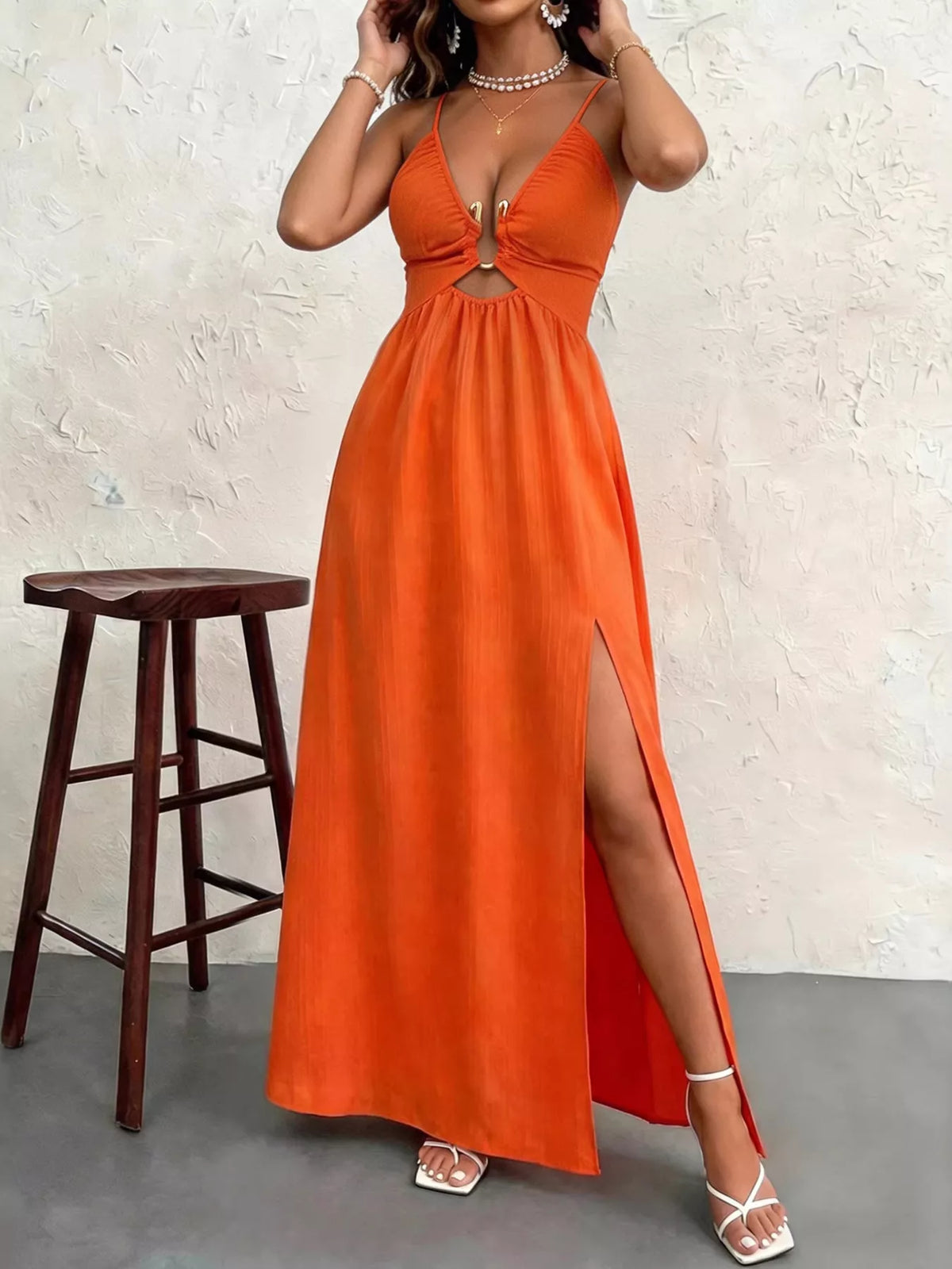 Cutout Slit Maxi Dress in Orange