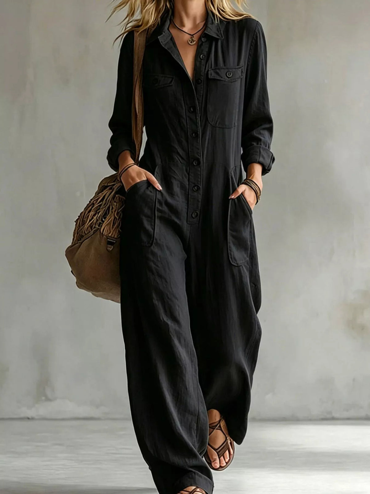 Long Sleeve Button Front Jumpsuit