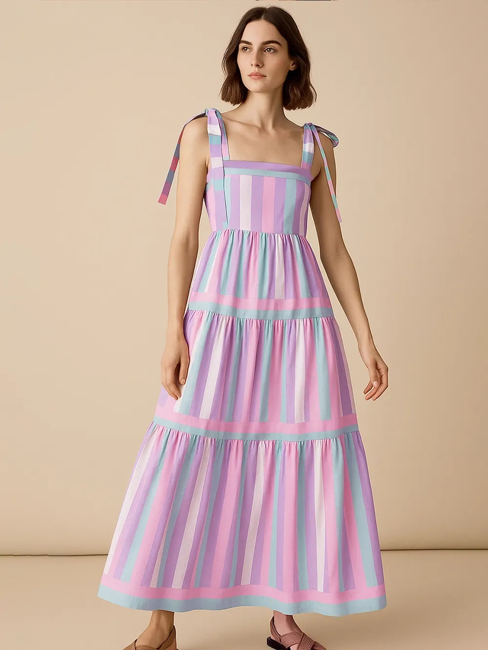 Striped Tiered Maxi Dress with Bow Ties in Pink Purple