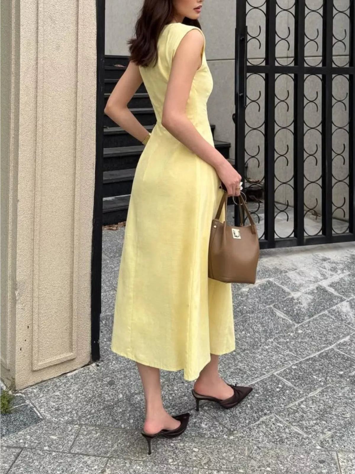 Scoop Neck A-Line Midi Dress in Yellow