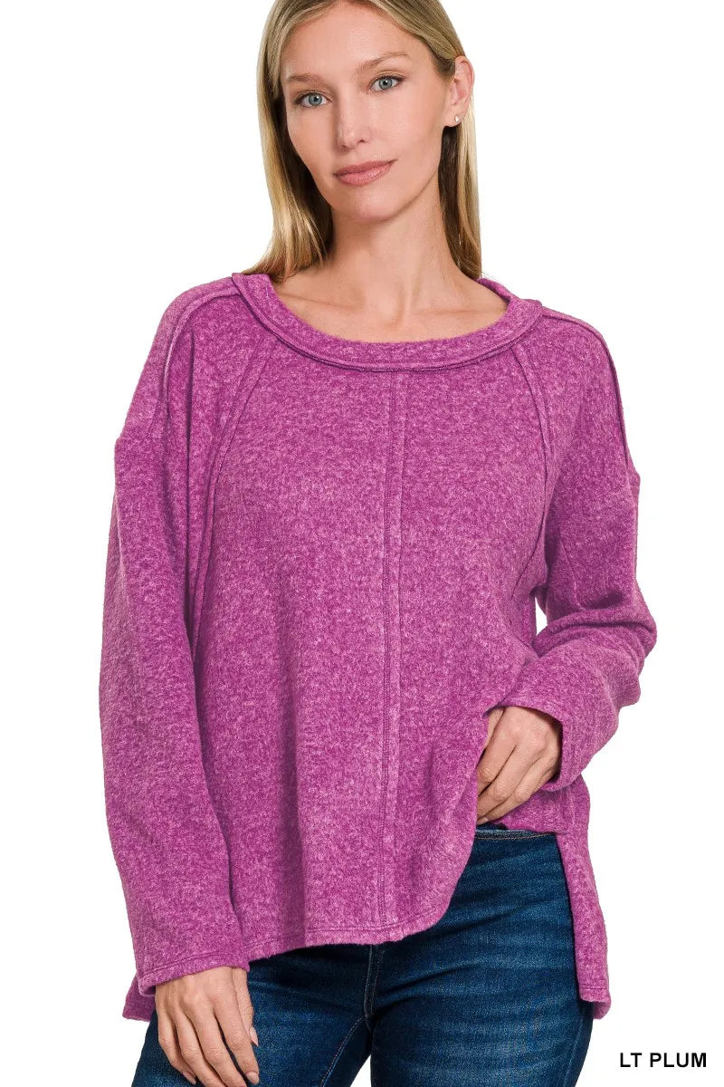 Zenana Brushed Hacci Hi-Low Sweater in Light Plum in Lt plum