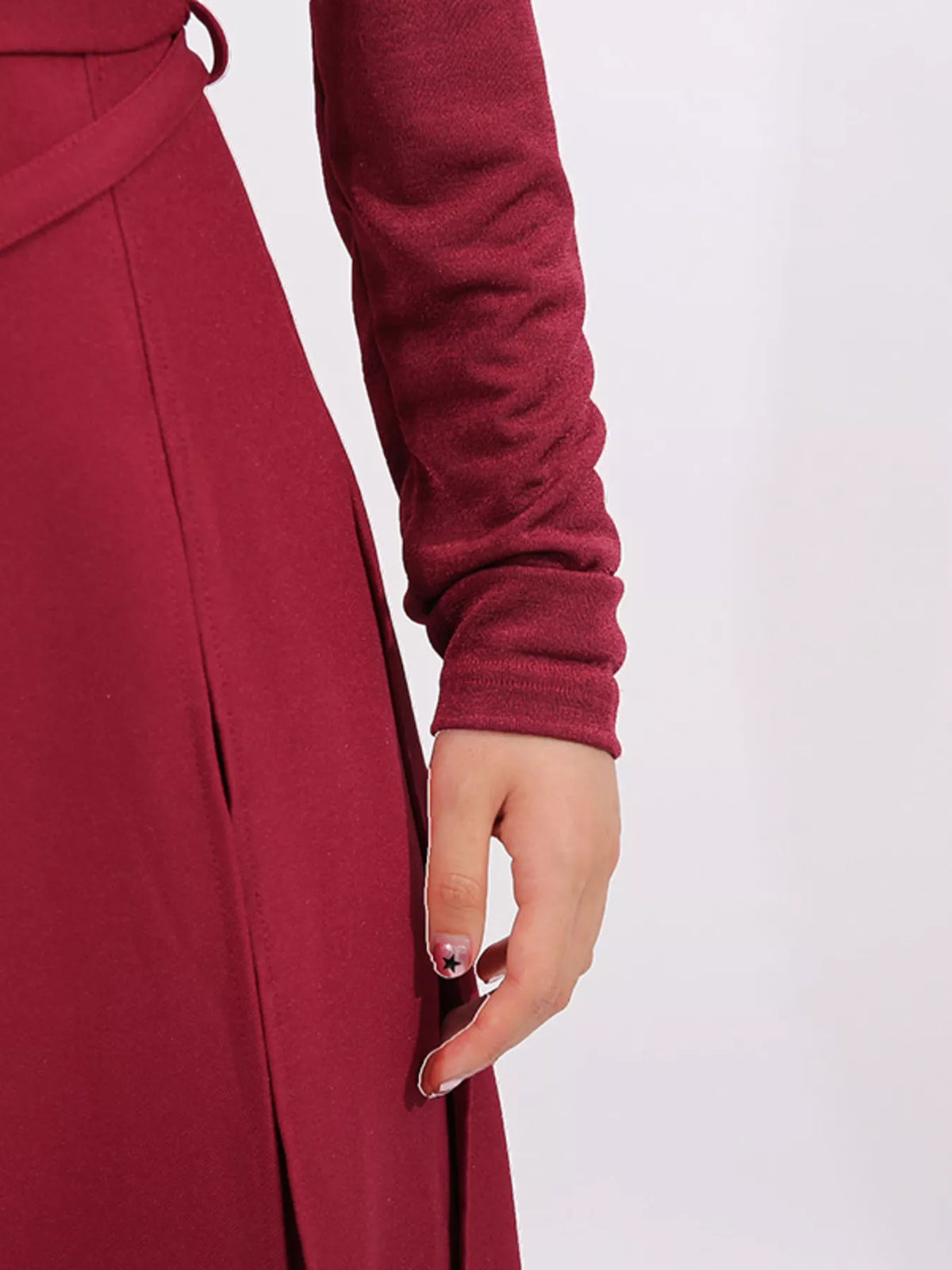 Belted Ruched Slit Long Sleeve Dress