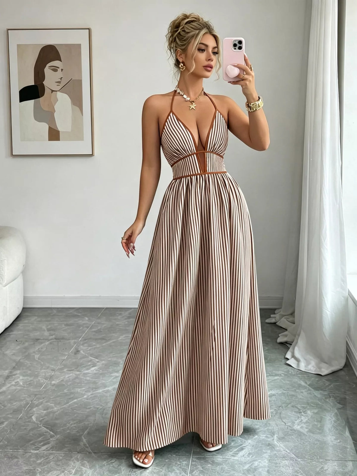 Striped Smocked Halter Neck Maxi Dress