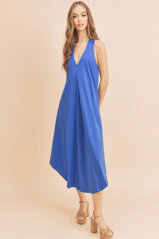 Front Pleat V-Neck Midi Dress in Royal Blue