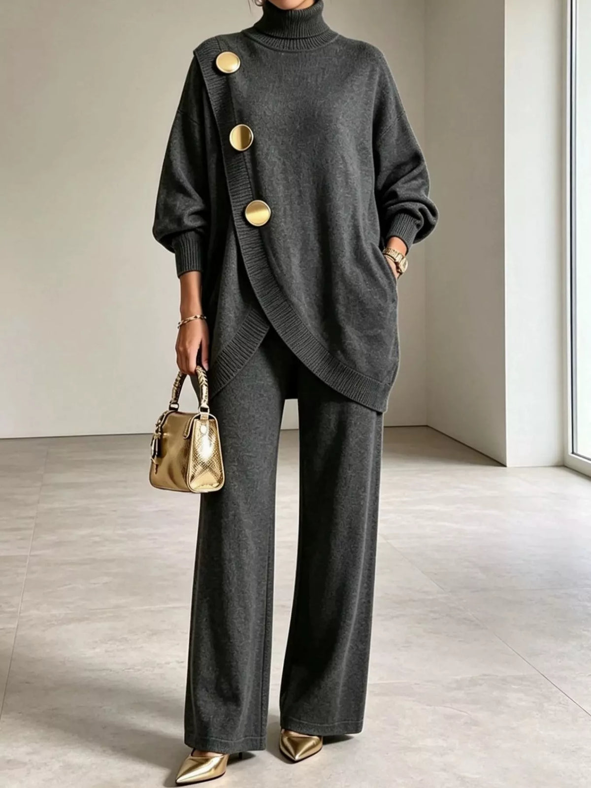 Ribbed Turtleneck Top and Pants Sweater Set
