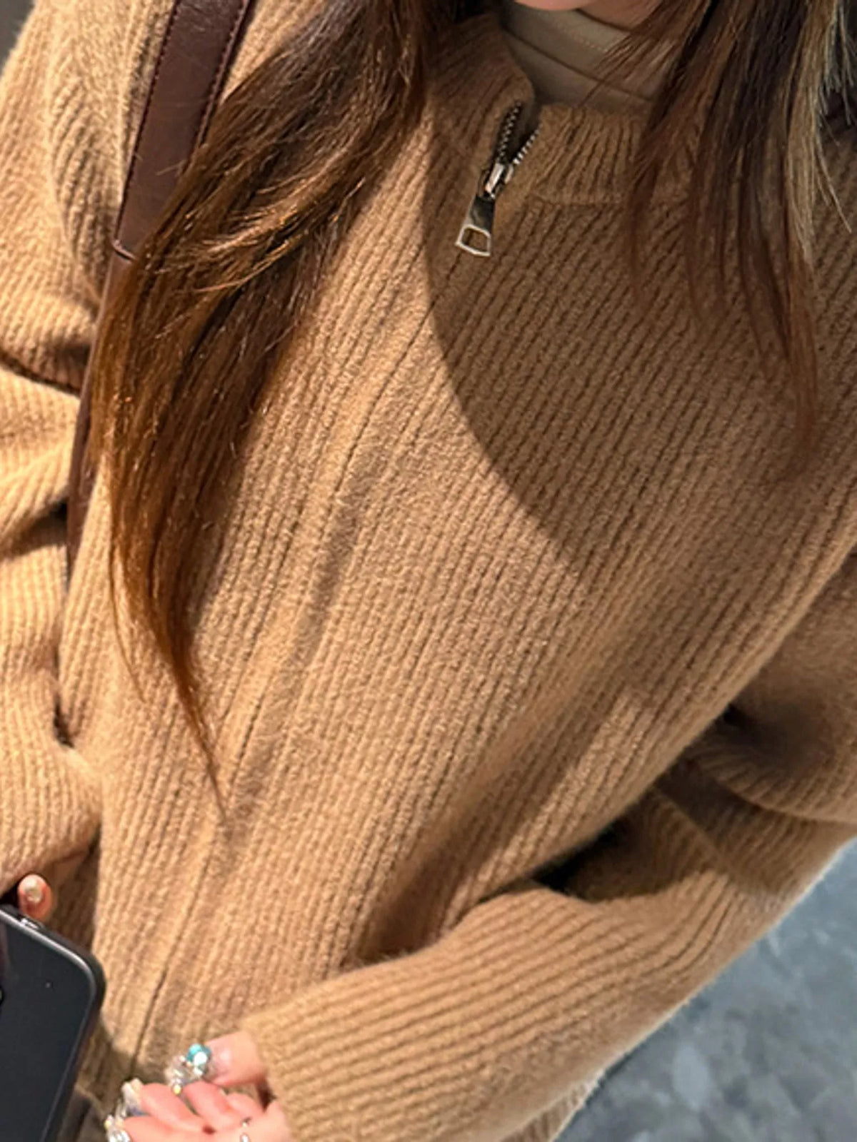 Zip-Up Dropped Shoulder Ribbed Cardigan