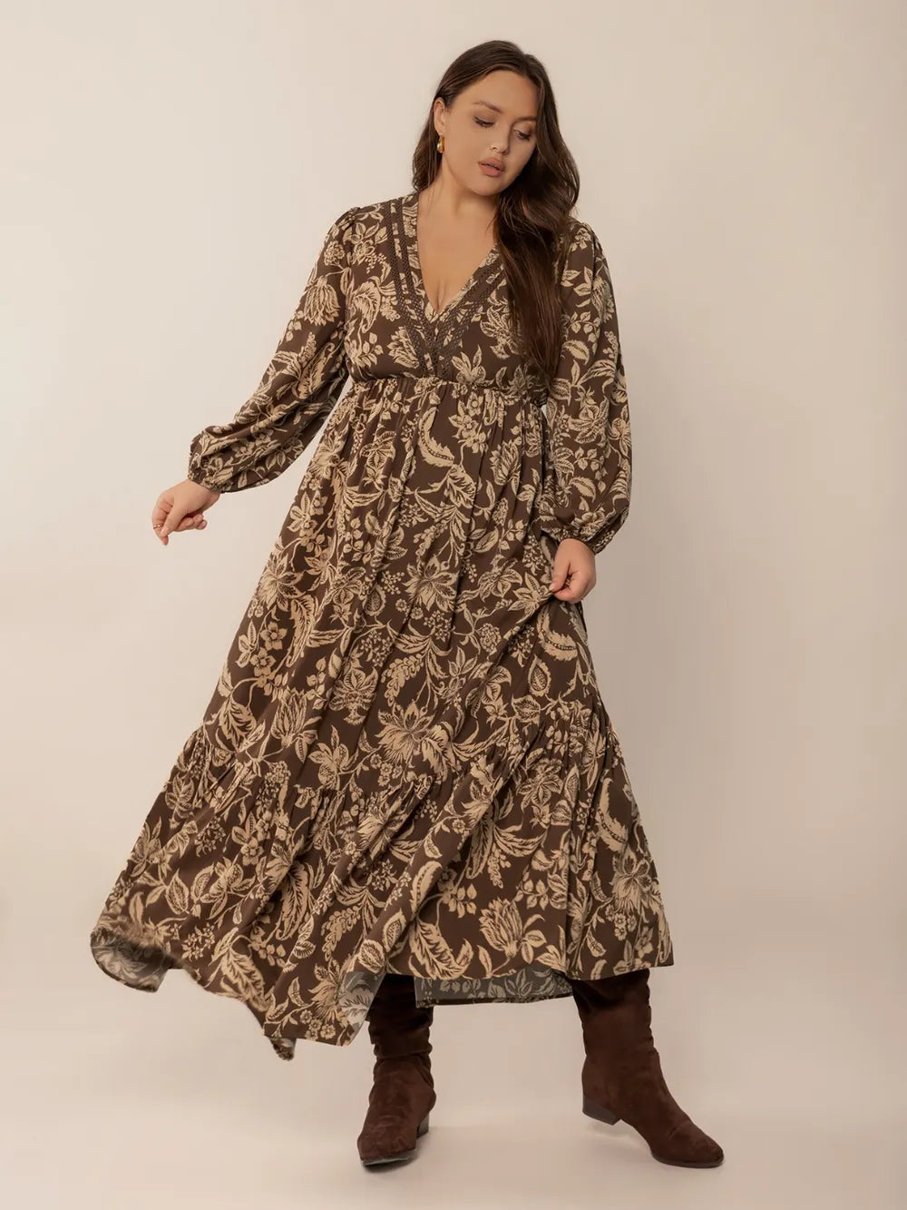 Printed V-Neck Balloon Sleeve Dress in Camel