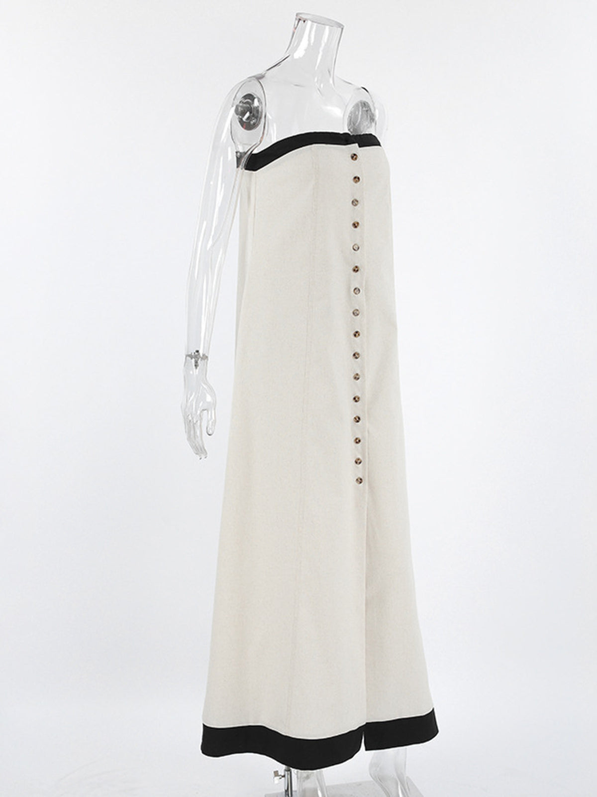 Contrast Trim Button-Front Maxi Dress in Beige