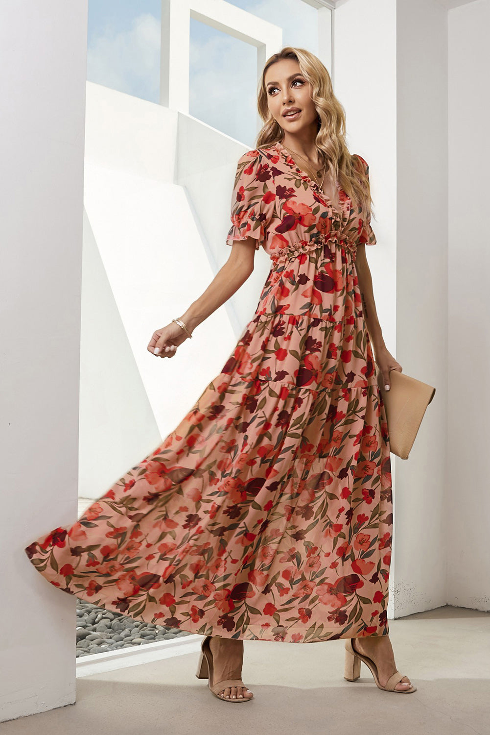 Floral V-Neck Flounce Sleeve Dress
