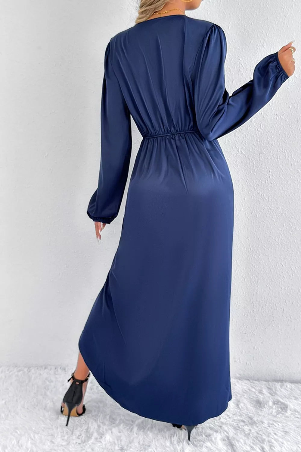 Satin Balloon Sleeve Midi Dress with Side Split