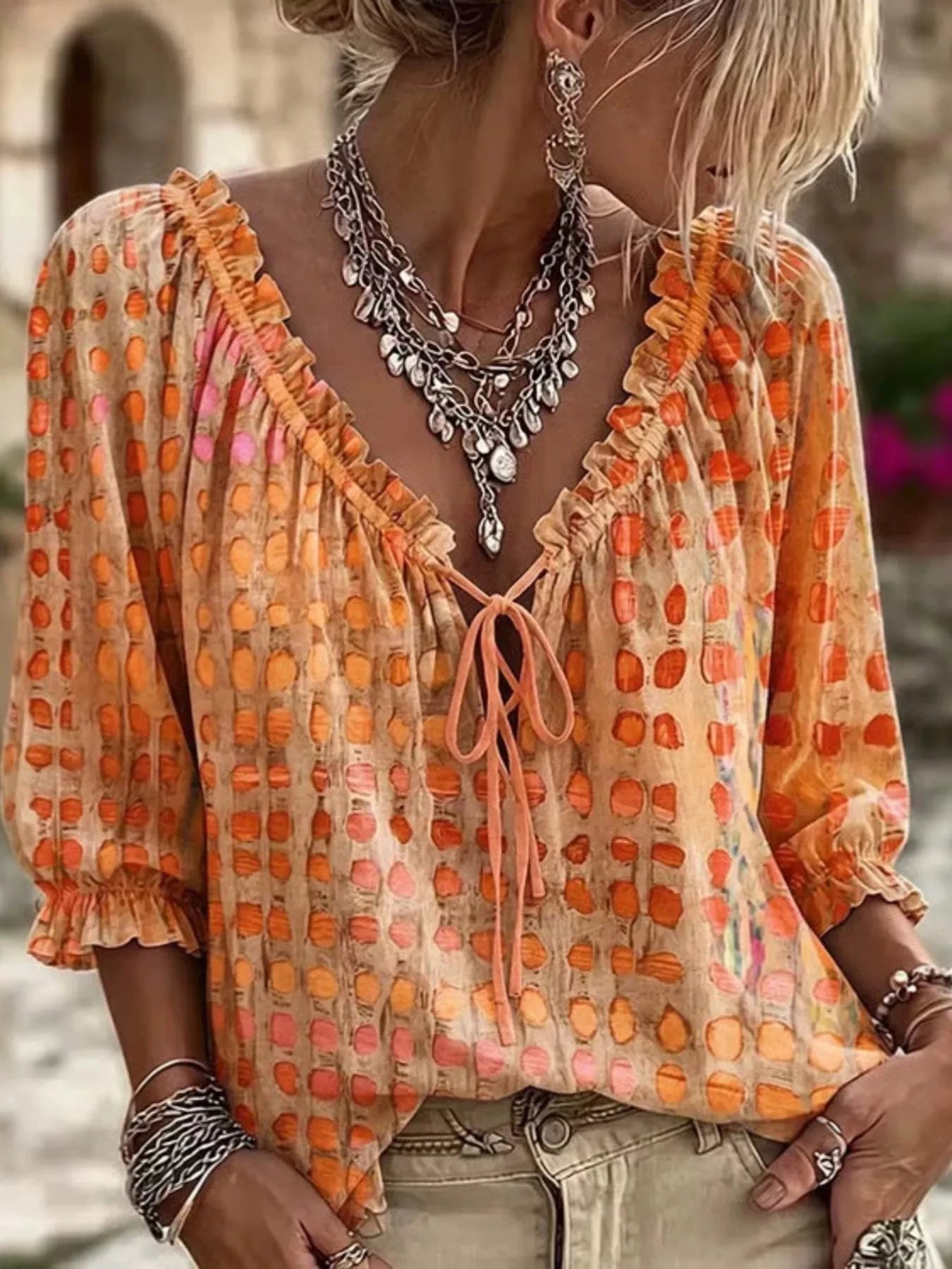 Tie Neck Ruffle Blouse