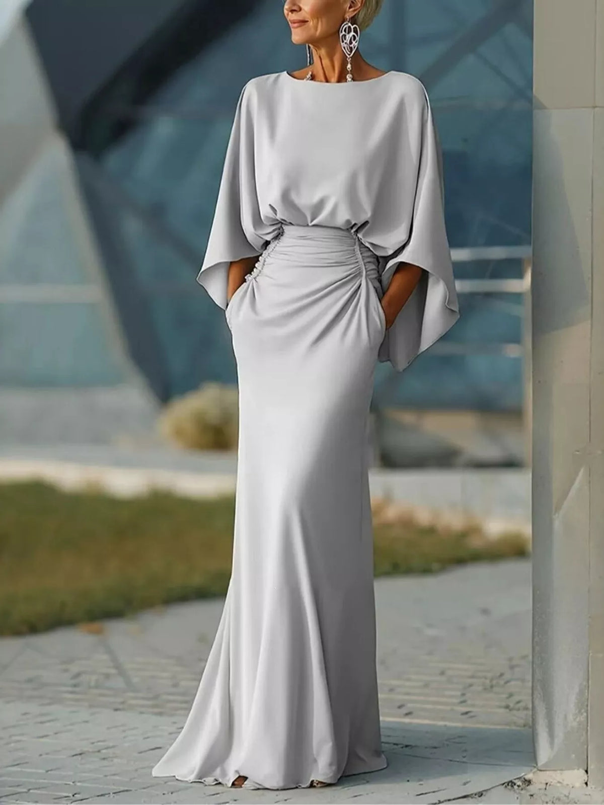 Ruched Batwing Sleeve Maxi Dress