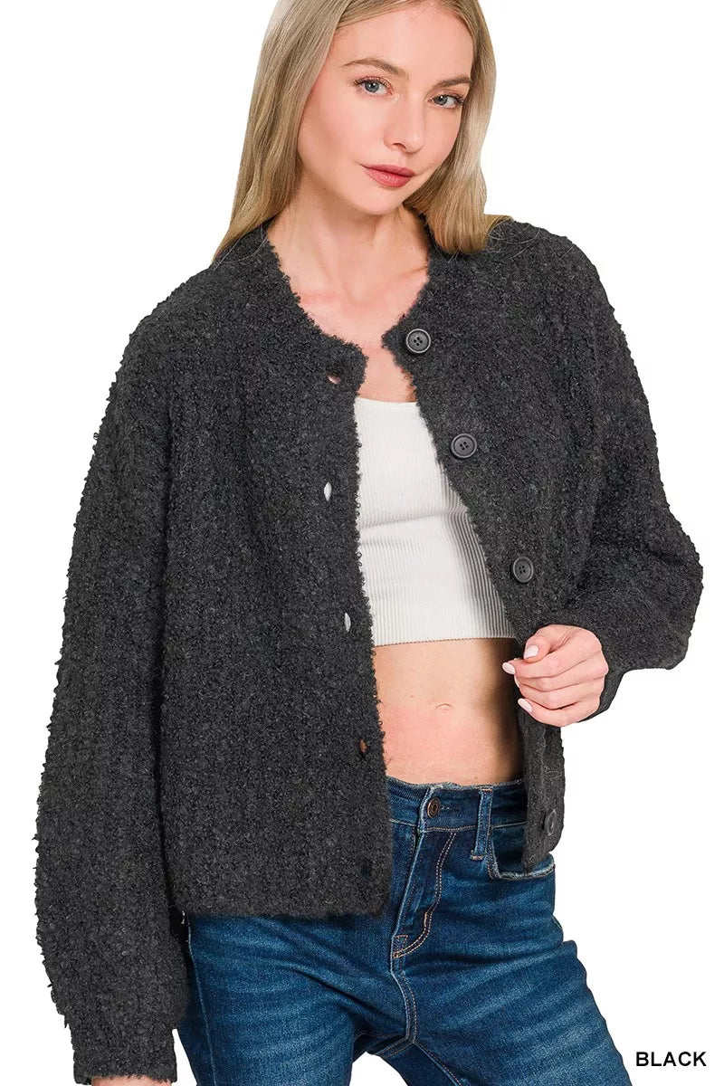Zenana Button-Down Wool Blend Cardigan in Black