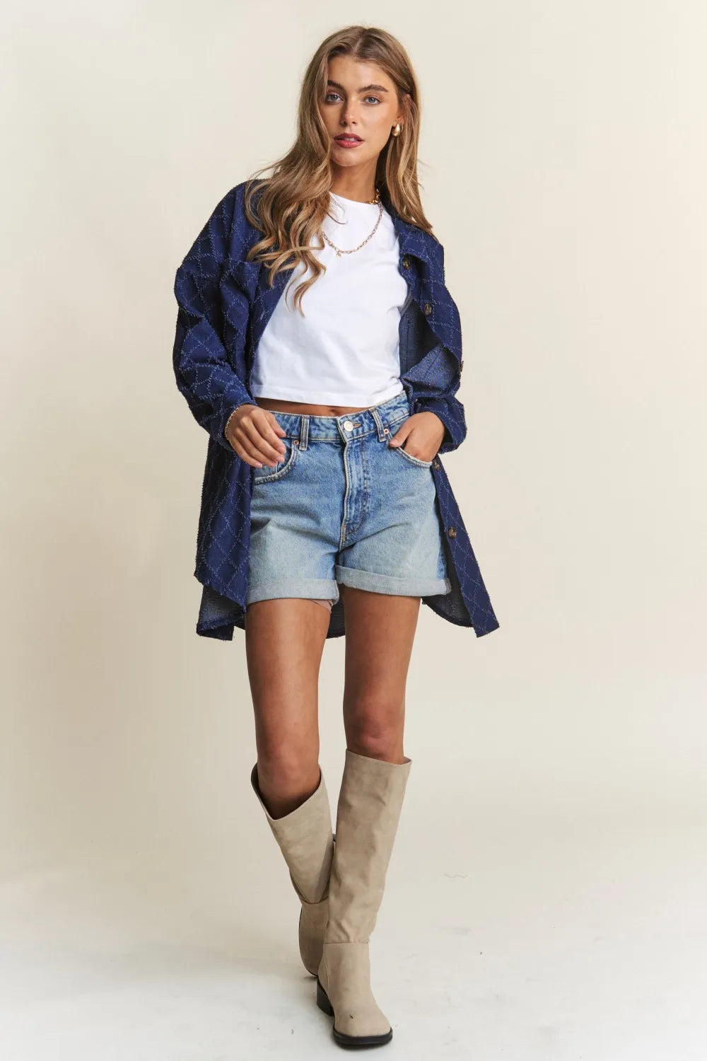 Rhombus Stitched Denim Shacket in Dark Denim by J.NNA