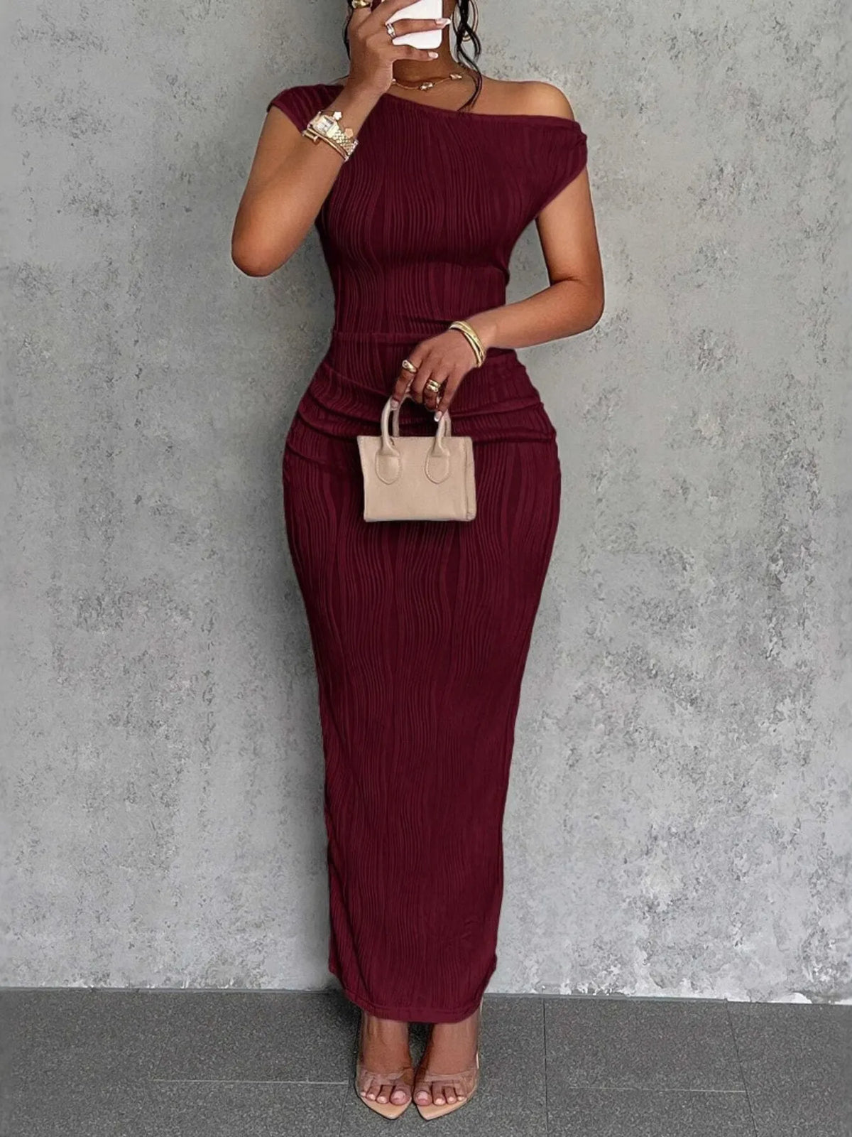 Ribbed Single Shoulder Bodycon Maxi Dress