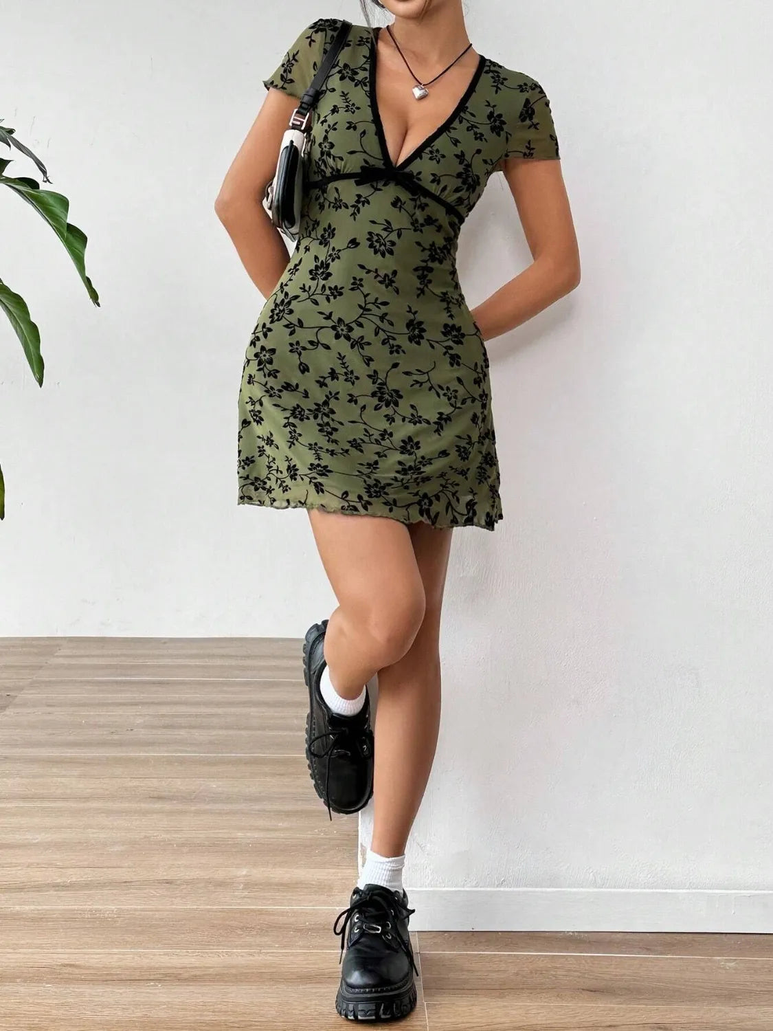 Printed V-Neck Mini Dress in Moss