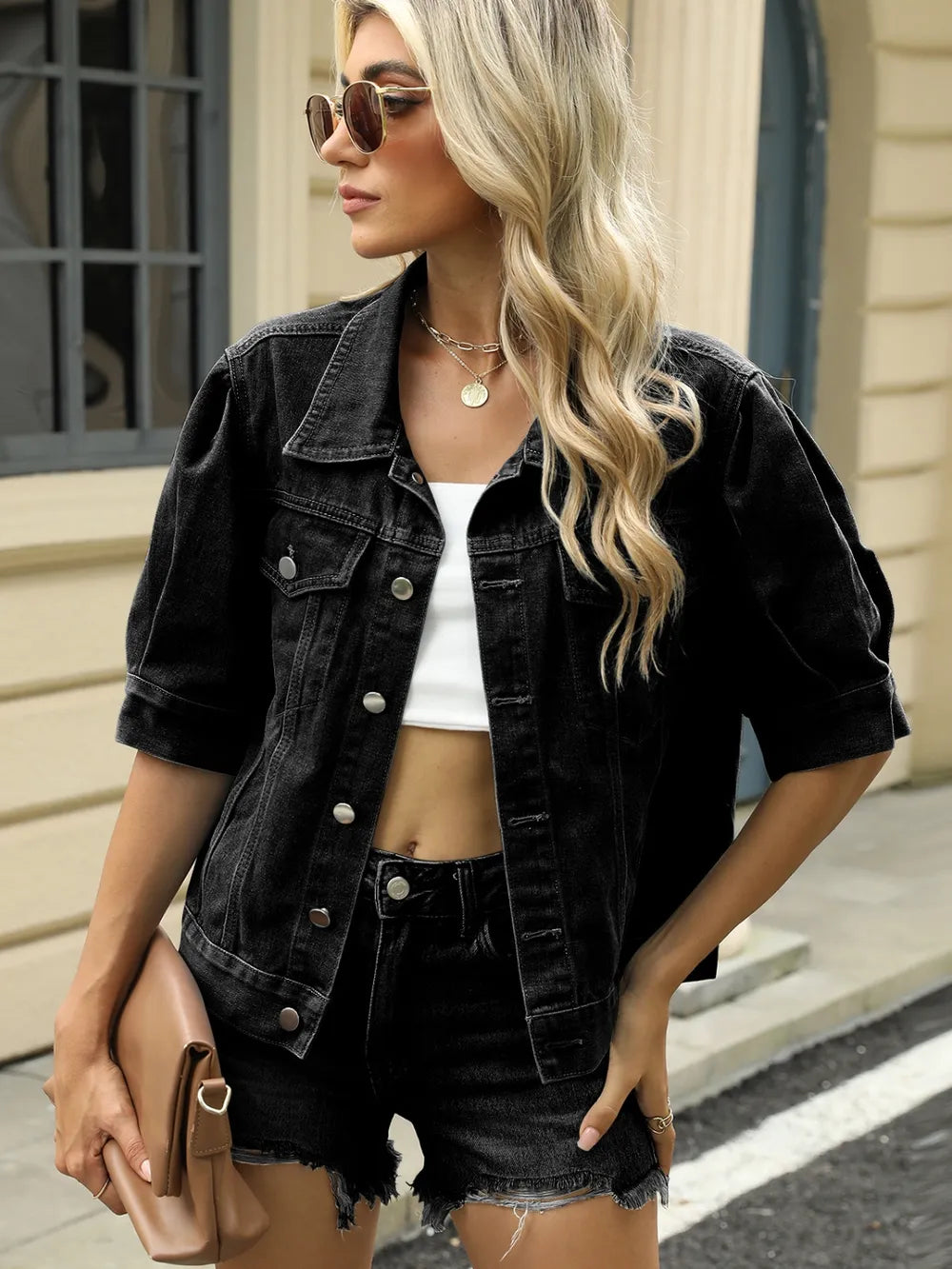 Button-Down Washed Denim Jacket in Black by Moni Wear