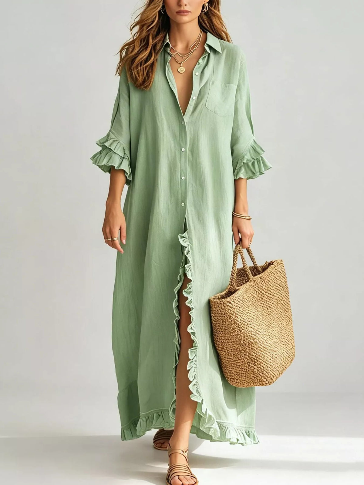 Ruffled Trim Button-Down Maxi Shirt Dress