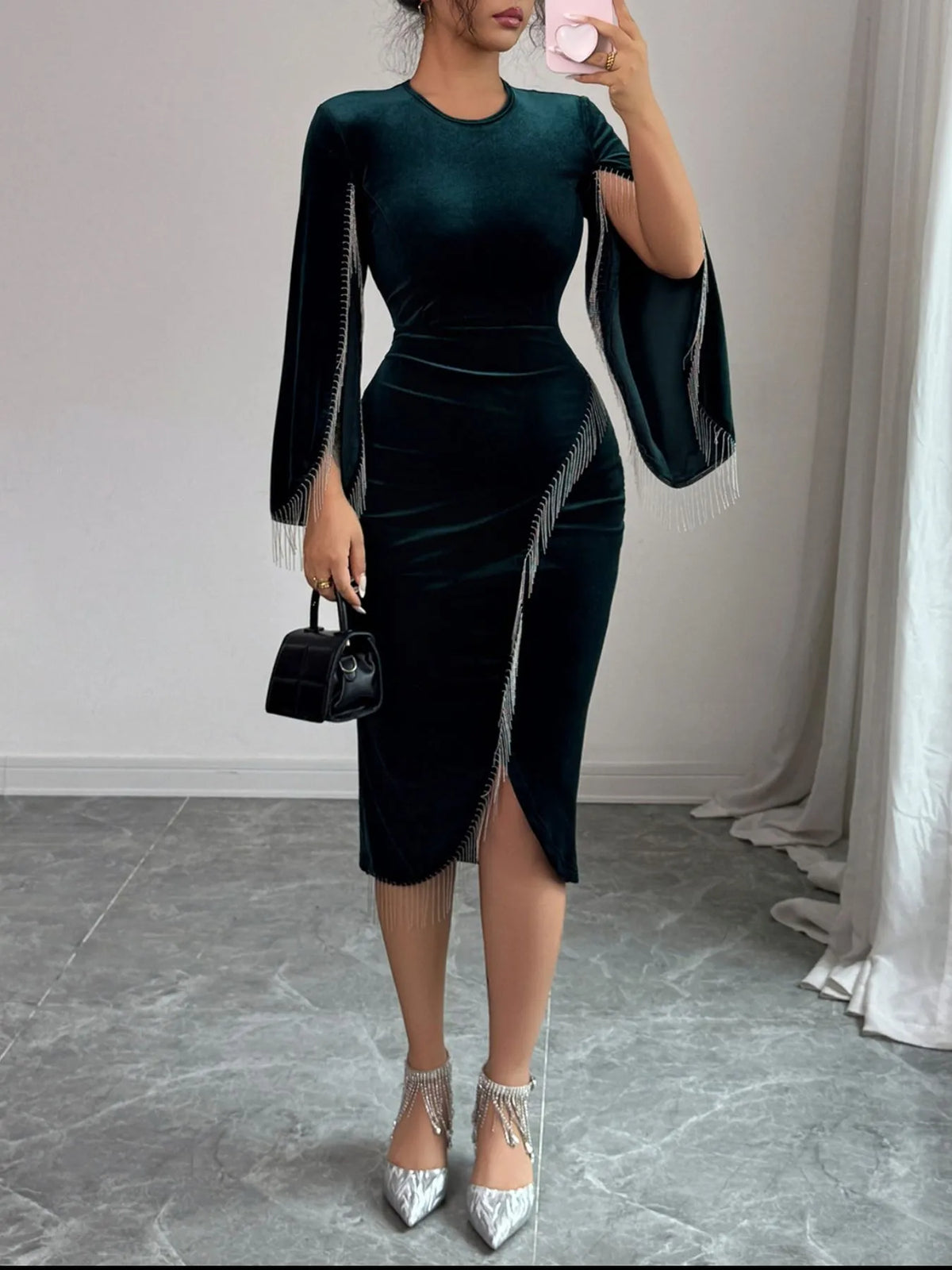 Round Neck Slit-Sleeve Dress in Dark Green