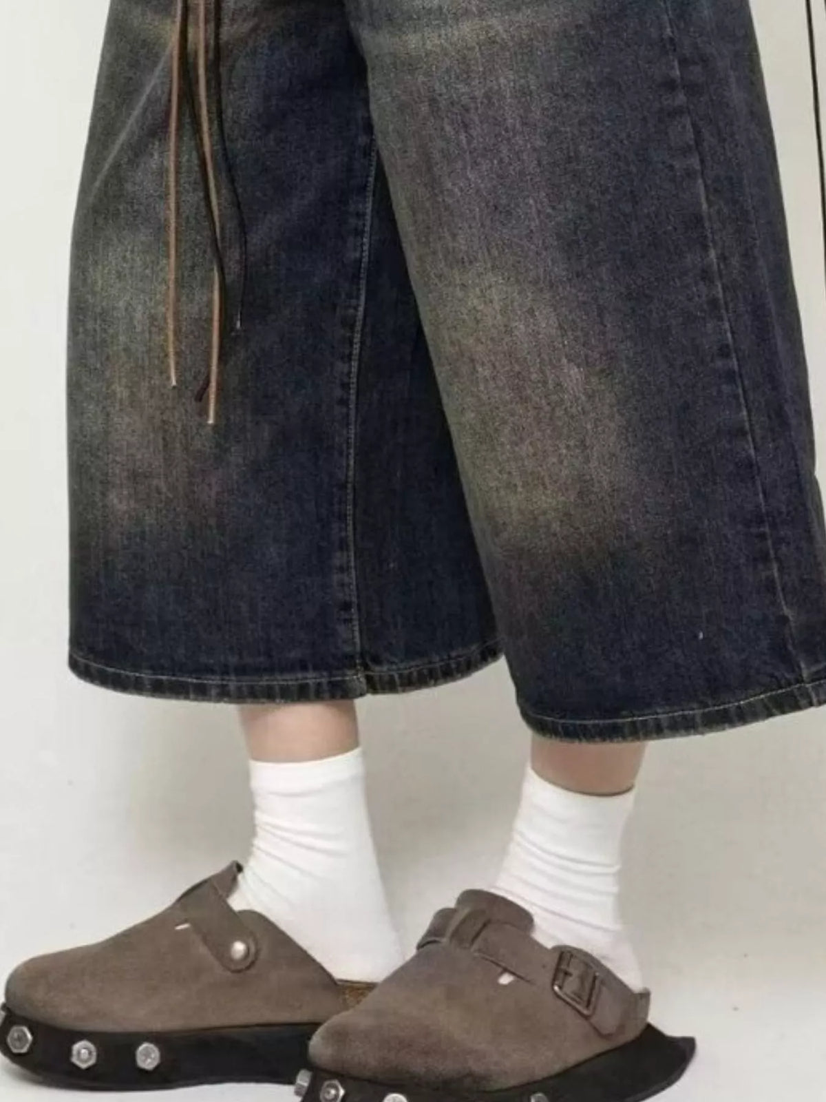 Wide Leg Washed Denim Capris in Dark Wash by Firm Stand