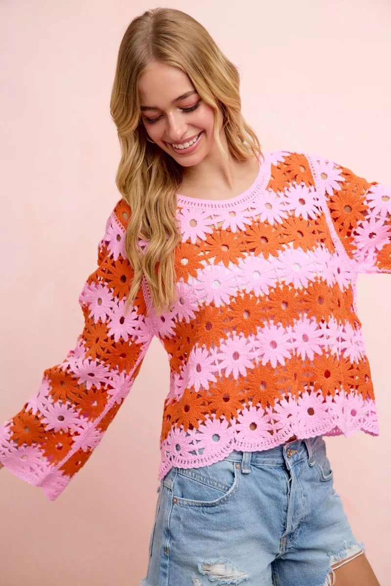 Flower Crochet Knit Top in Pink/Red by BiBi