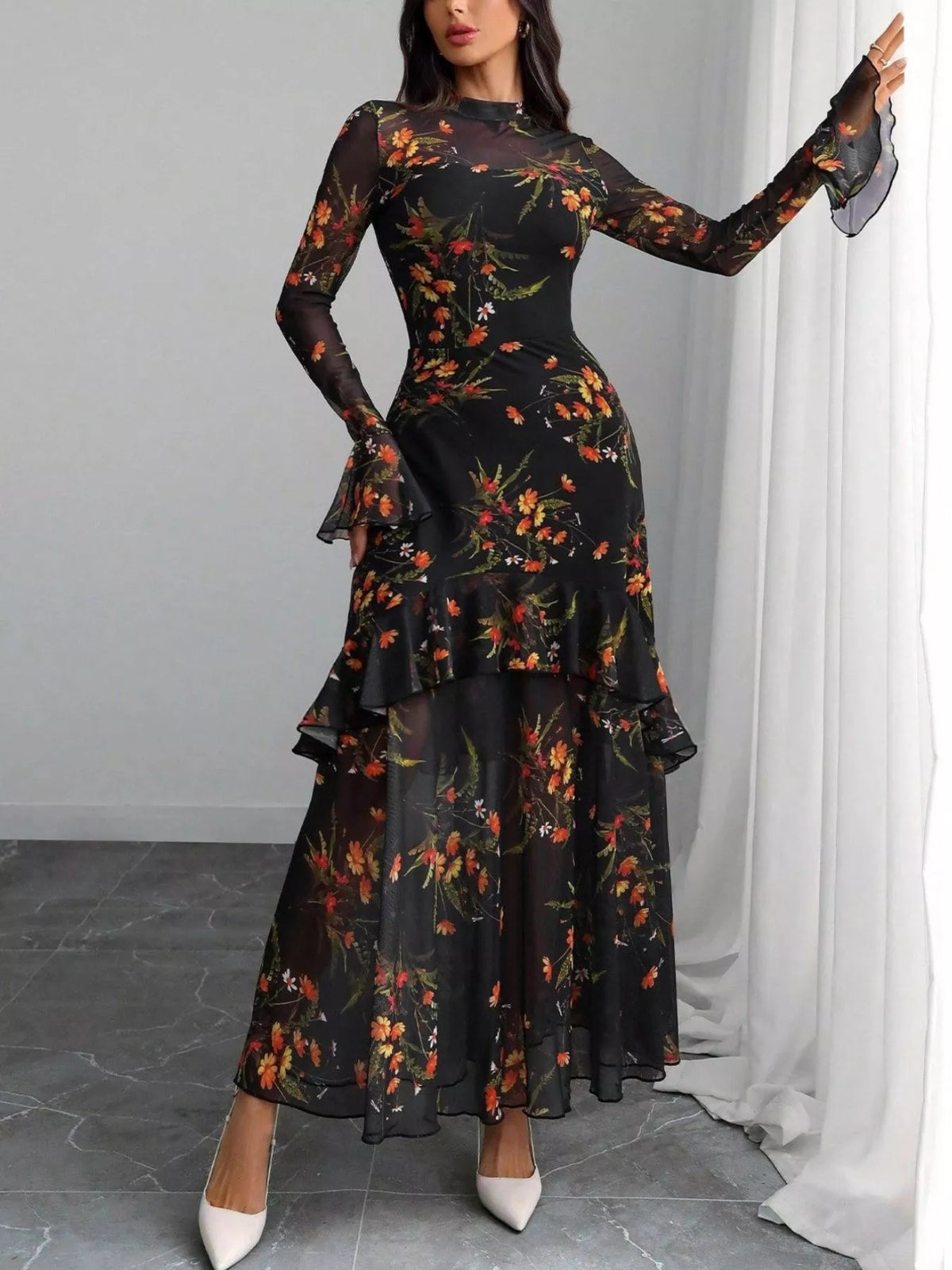 Flounce Sleeve Floral Mermaid Maxi Dress