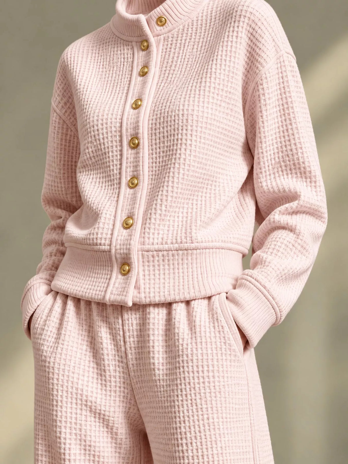 Waffle Knit Button-Up and Wide-Leg Pants Set