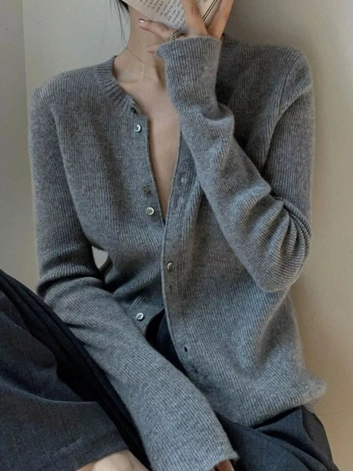 Ribbed Button-Down Cardigan in Gray