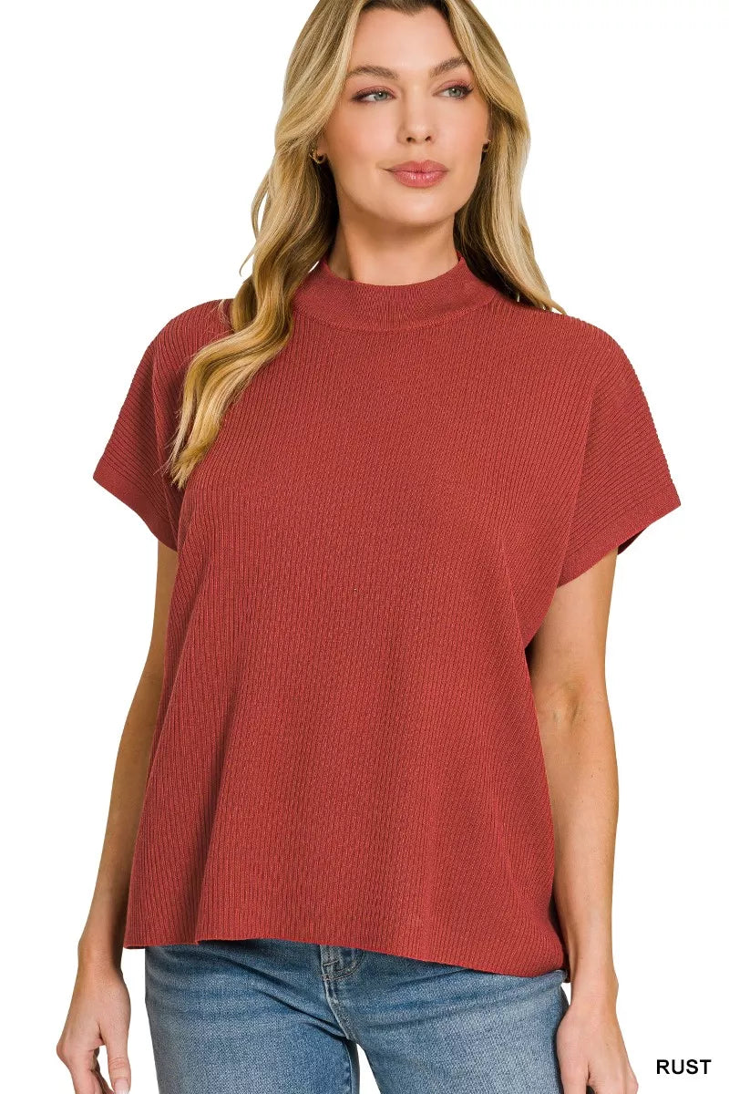 Zenana Mock Neck Boxy Sweater in Rust