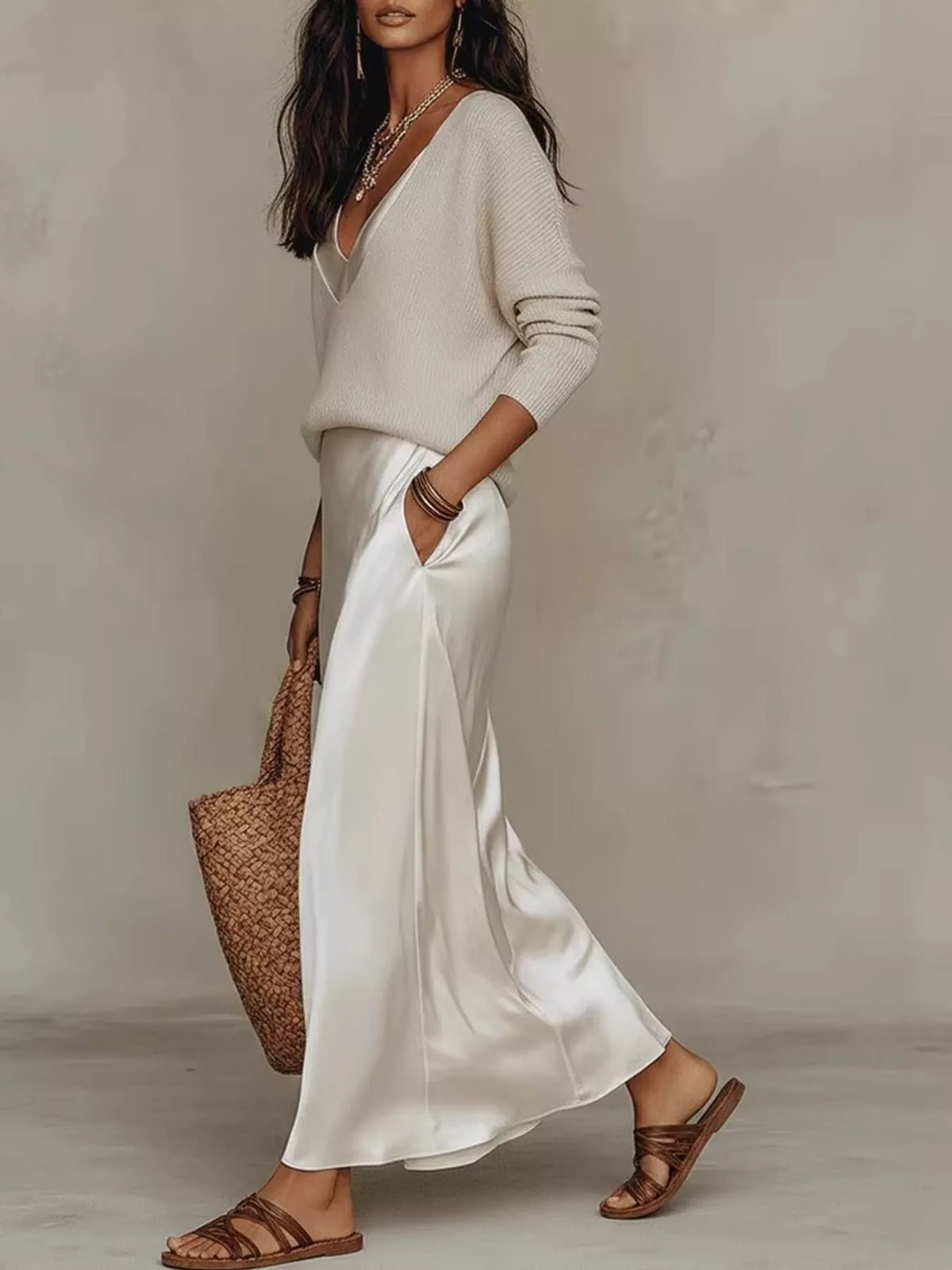 V-Neck Top and Satin Midi Skirt Set