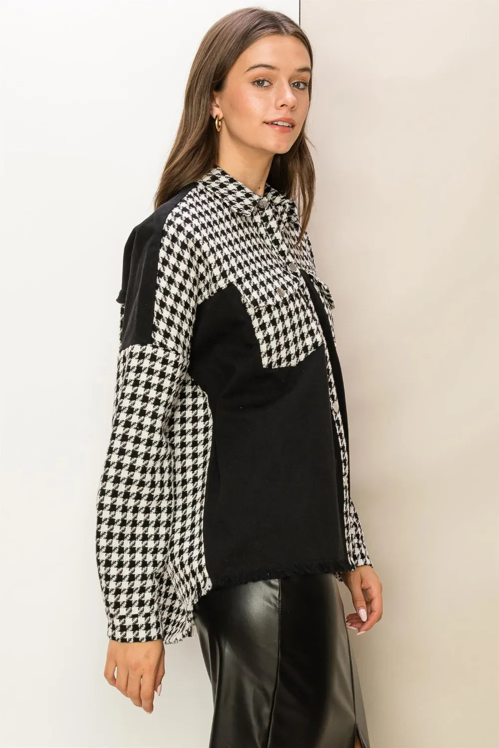 Hyfve Houndstooth Contrast Raw Hem Jacket in Black