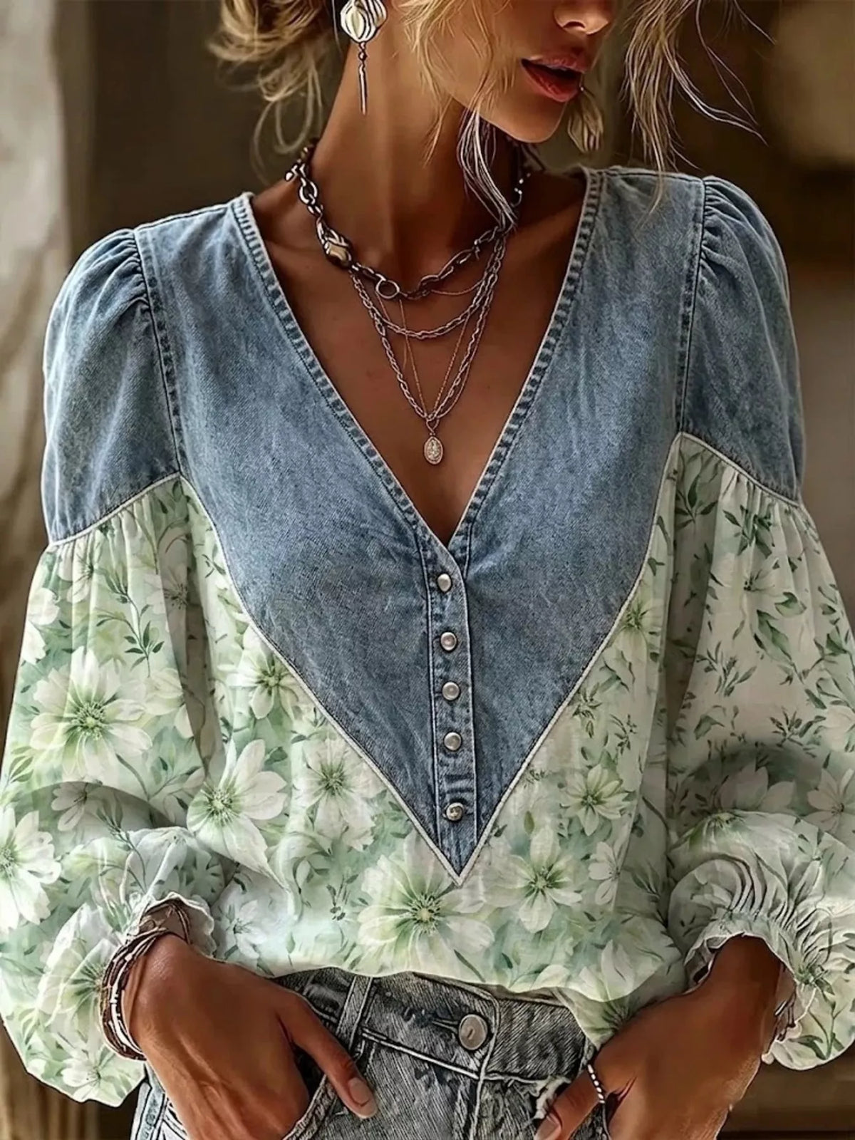 Denim Patchwork Floral Button-Up Top