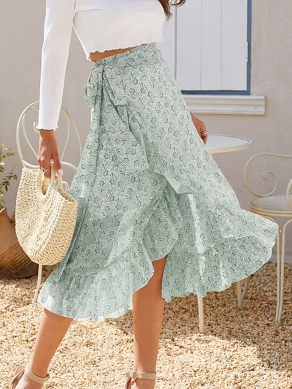 Printed Ruffled Midi Skirt