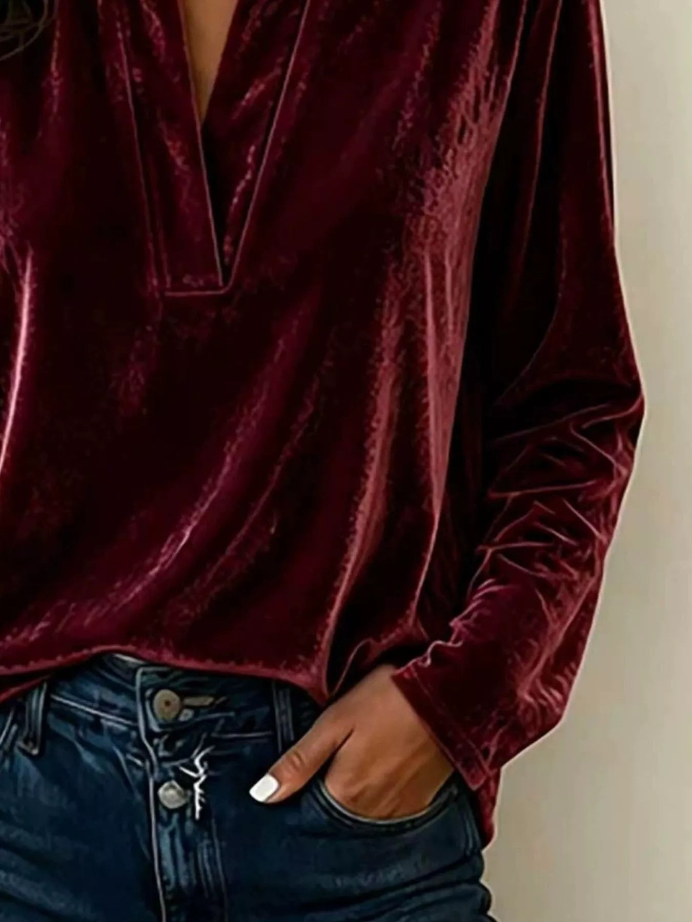 Velvet Notched Long Sleeve Blouse