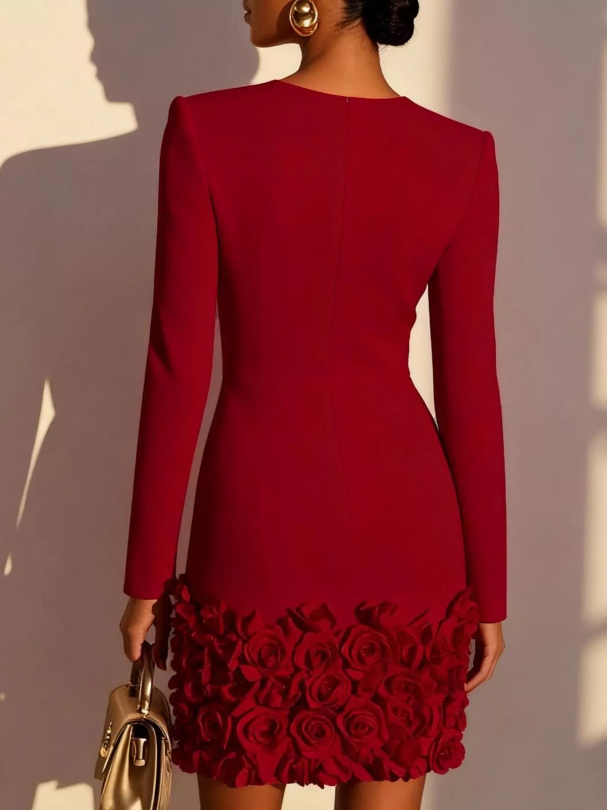 V-Neck Mini Dress with 3D Rose Appliqué Hem