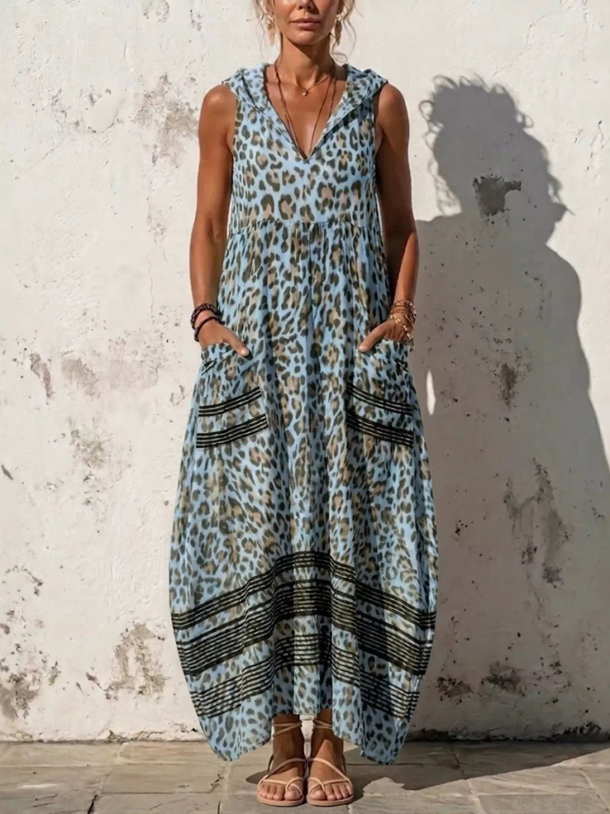 Hooded Leopard Print Maxi Dress, Plus Size
