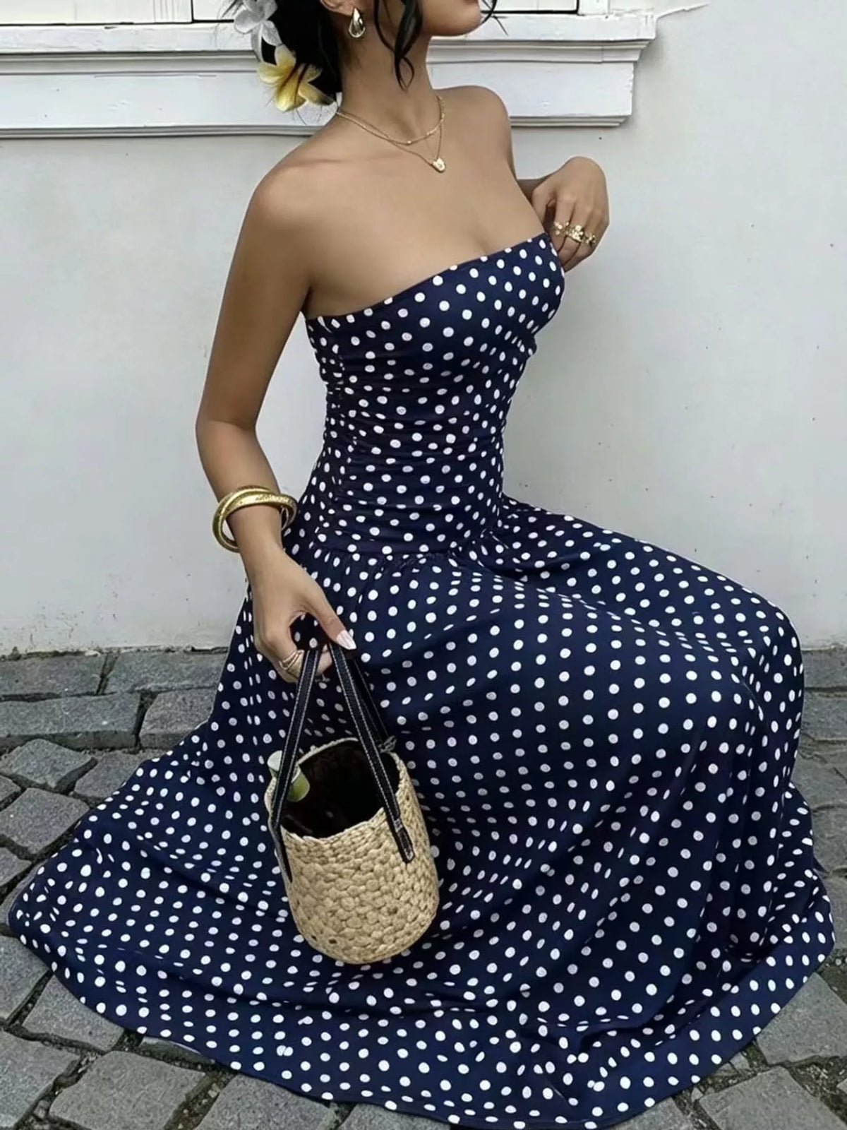 Strapless Polka Dot Ruched Maxi Dress