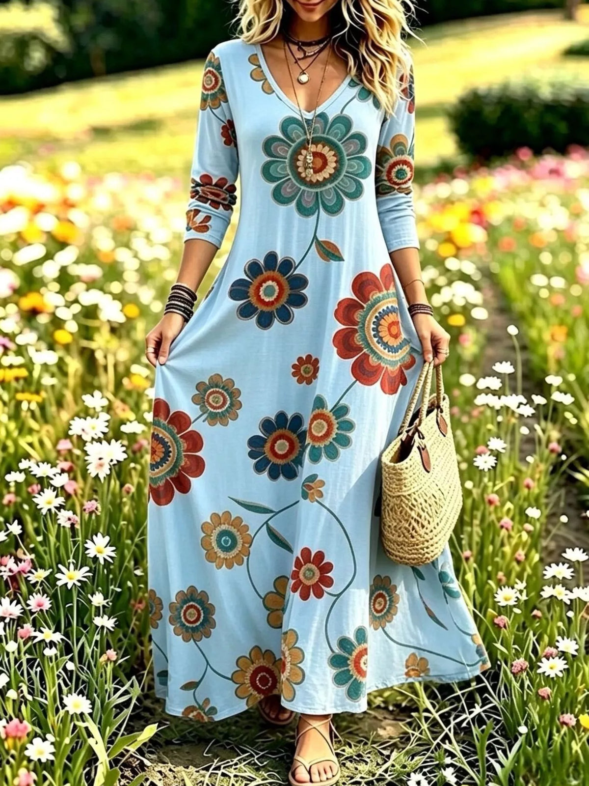 Floral Print Long Sleeve Maxi Dress