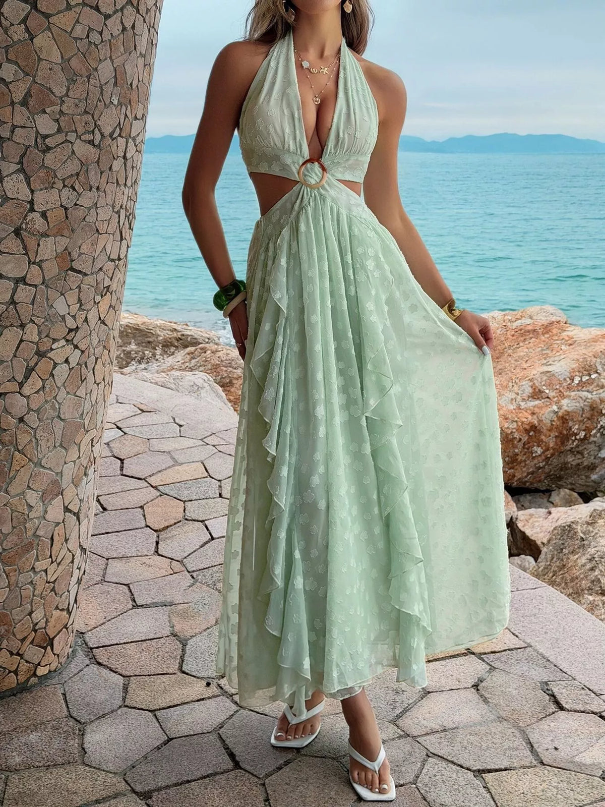 Ruffled Halter Neck Maxi Dress in Green