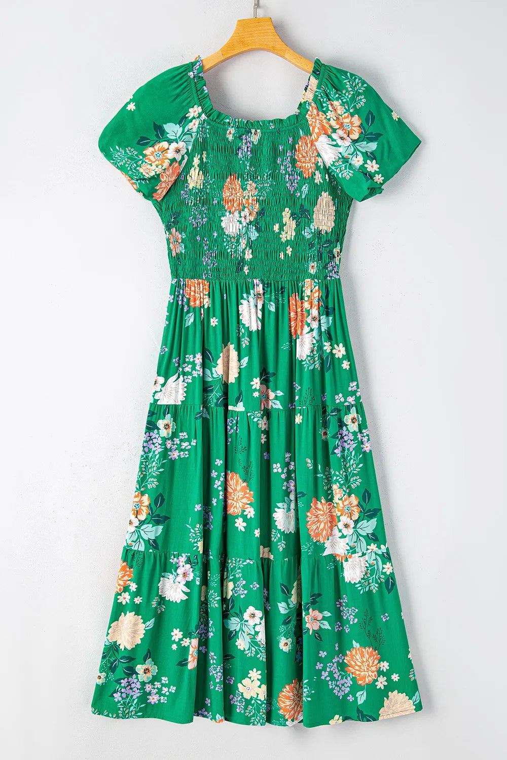 Floral Bubble Sleeve Midi Dress in Dark Green