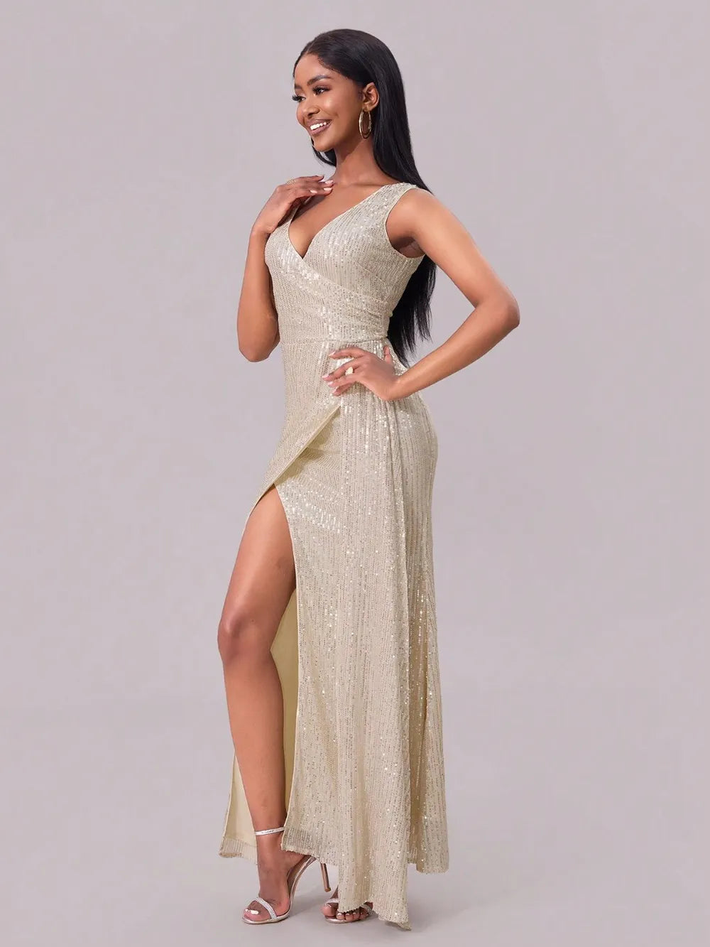 Sequin Surplice Maxi Dress in Champagne in Champagne Color by Jubilair