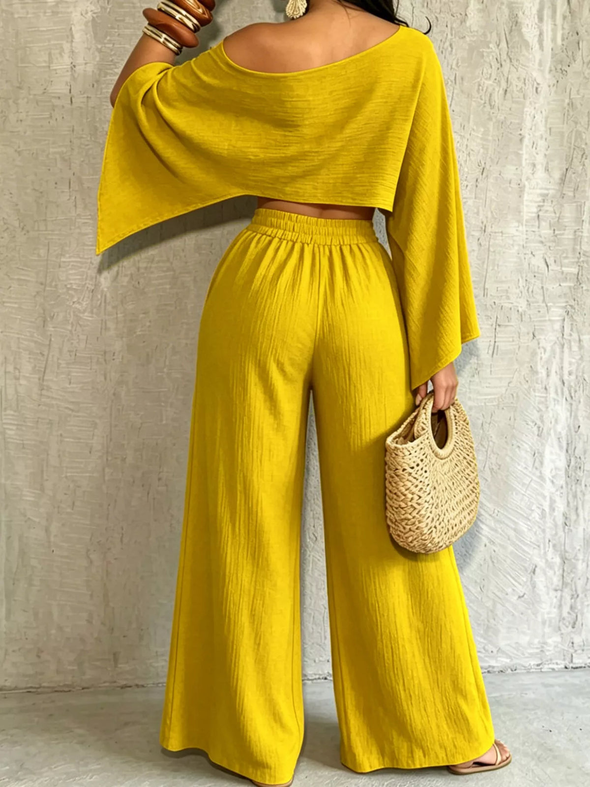 Boat Neck Crop Top and Wide-Leg Pants Set