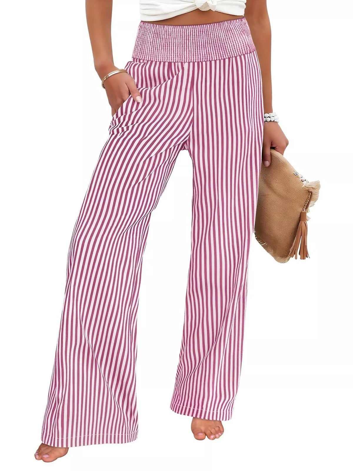 Striped Smocked Wide-Leg Pants
